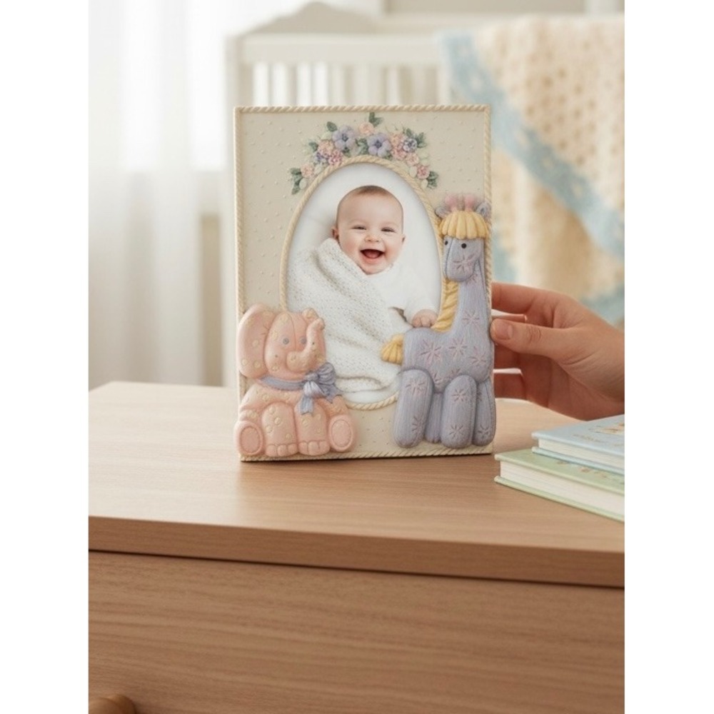 Vintage Baby Nursery Picture Frame 3D Elephant‎ Giraffe Floral Oval Photo Cream